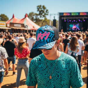 Young man wearing a graphic trucker hat at a Summer 2025 music festival, showcasing cool street style.