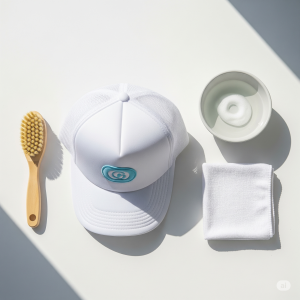 Flat lay of white trucker hat with cleaning supplies including brush, bowl, and cloth for Summer 2025 hat care guide.